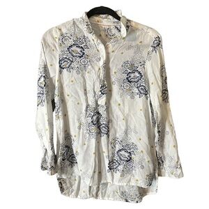 White Stuff Women’s White 1/2 Button-Up Neck Boho Floral Long Sleeve Top Sz 6